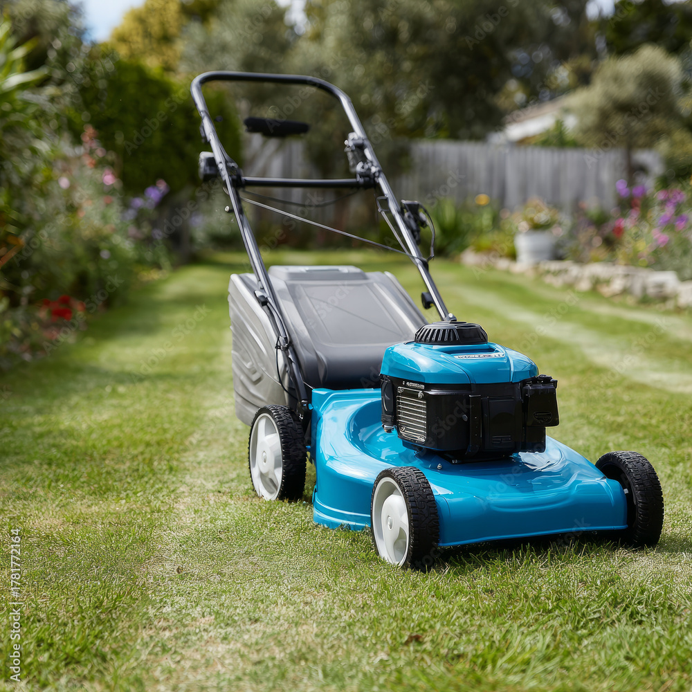 Obraz premium Blue lawn mower on freshly cut grass in a garden setting.