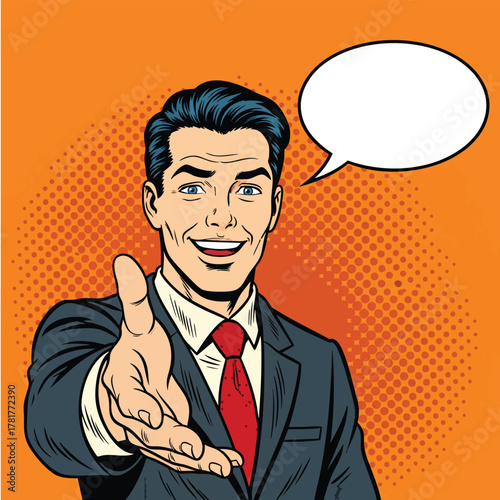 A smiling pop art businessman in a dark suit and red tie extending his hand for a handshake.