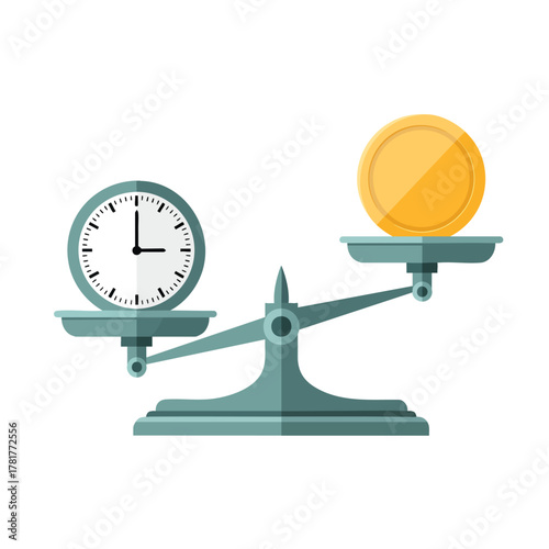 A teal balance scale tilted towards a large gold coin outweighing a round analog clock.