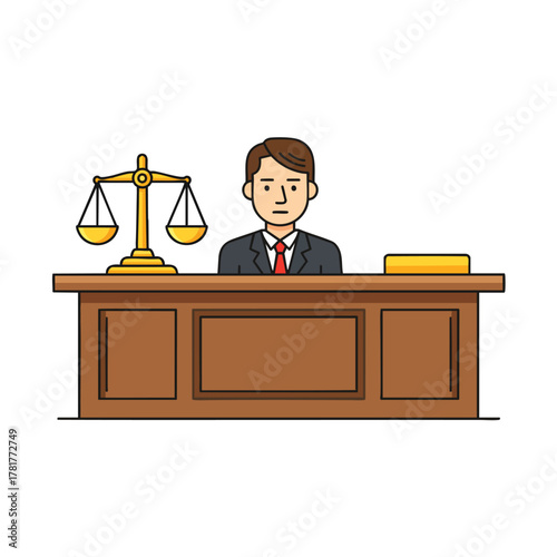 Cartoon illustration of a male judge sitting behind a wooden bench with scales of justice.