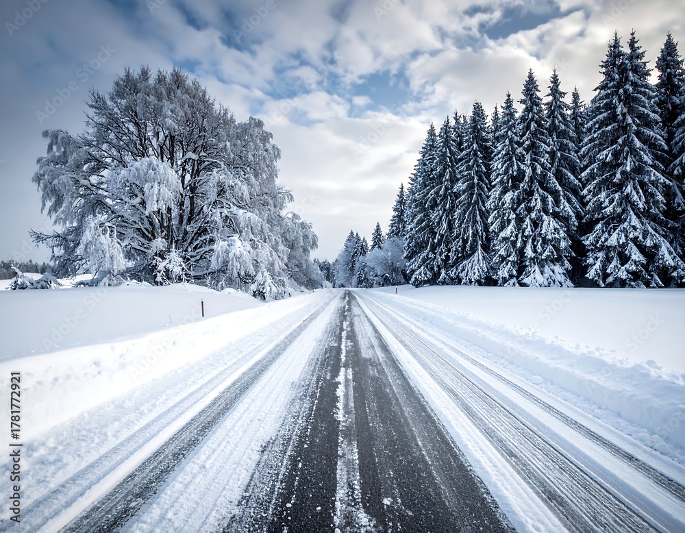 Obraz premium A snowy road curves through a winter landscape, flanked by trees