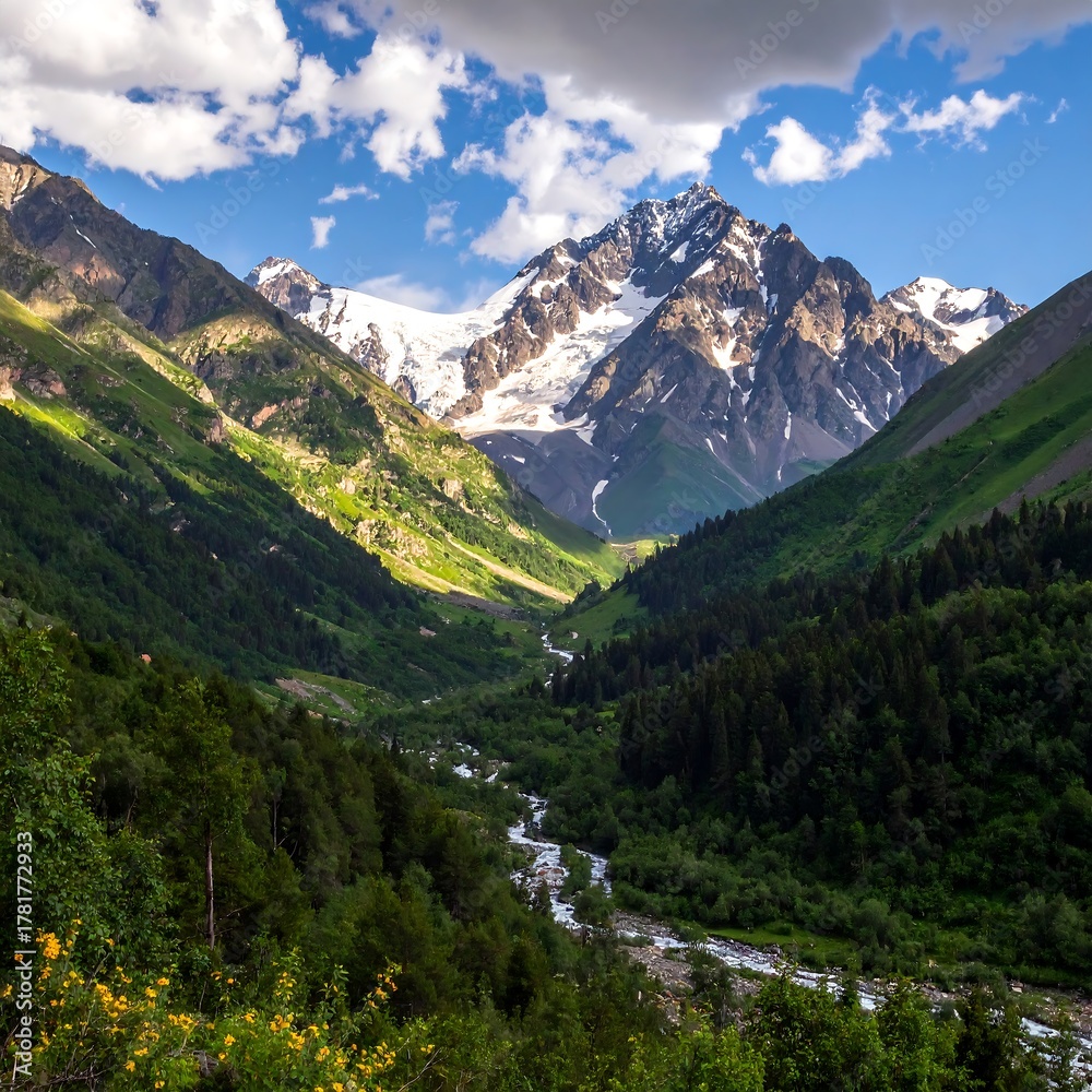 Fototapeta premium A scenic valley unfolds, with snow-capped peaks and a flowing river