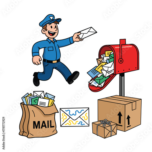 Cartoon postal service set with a cheerful mailman red mailbox full of letters a mailbag and cardboard parcels.