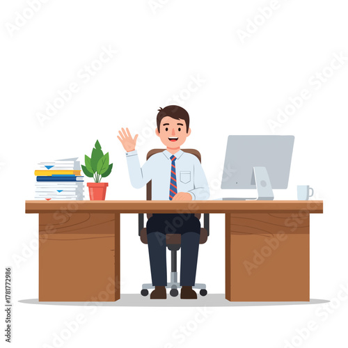 Cheerful cartoon businessman in a white shirt and tie sitting at his office desk smiling and waving a friendly greeting.