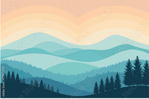 Serene mountain landscape with pine trees under a pastel sky
