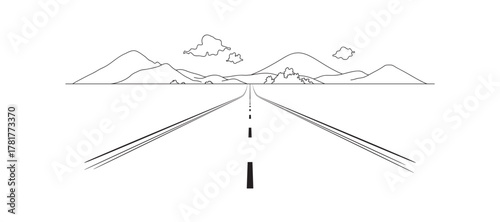 A black line drawing of a long, straight road stretching to the horizon, flanked by lush green fields and towering hills in the distance. A clear blue sky and scattered bushes.