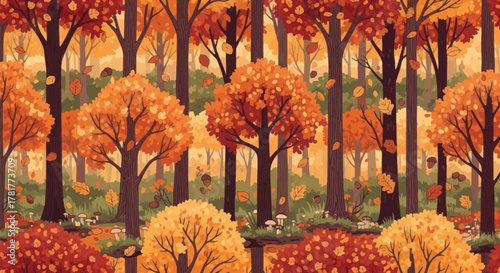 Vibrant autumn forest landscape with falling leaves for seasonal designs and fall inspired backgrounds