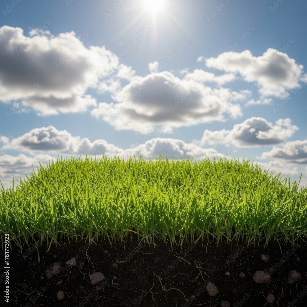 Fototapeta premium Vibrant green grass mound under a bright sunny sky with fluffy clouds