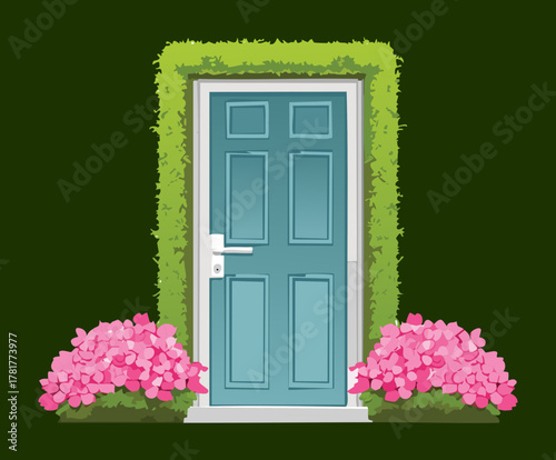 Vibrant moss-green door fully framed by clipped hedge Plants, with bright pink hydrangeas, creating a whimsical, fairytale garden entry