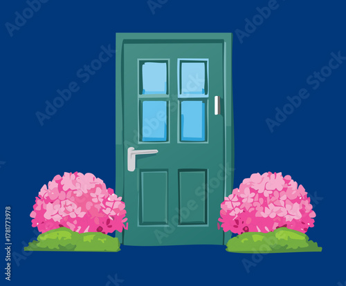 Deep green door with window panes in a dark setting, brightened by masses of pink hydrangea Plants for a vivid, contrasting home design