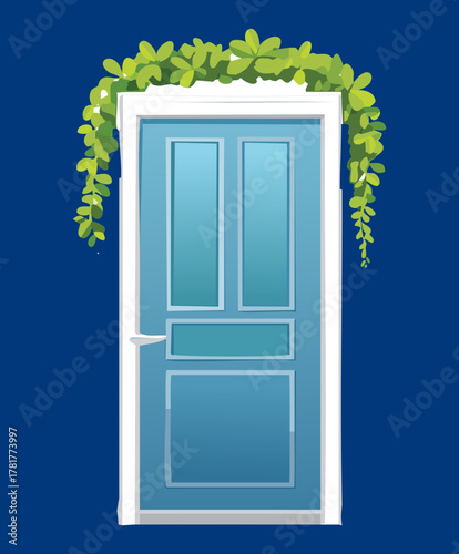 Blue wooden door with large glass panes draped by fresh green vine Plants, depicting a bright and airy coastal home entrance visualization