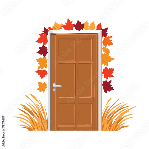 Plain brown wooden door with a simple hardware accent, surrounded by a tight border of beautiful orange and red maple Plants