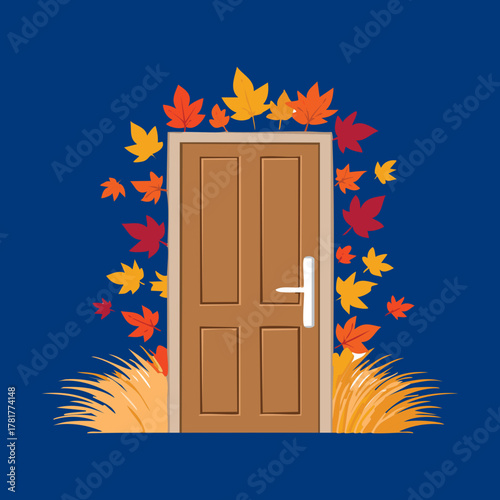 Solid brown door adorned with a vibrant frame of colorful maple leaves Plants, capturing the essence of a crisp and picturesque autumn day