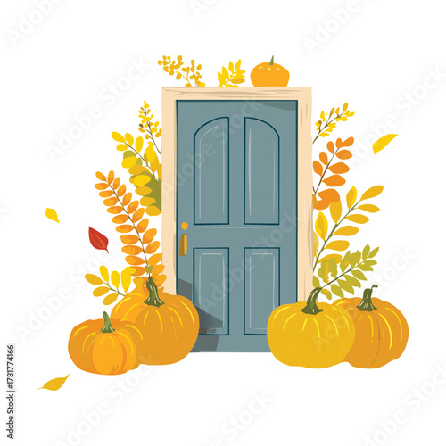 Weathered grey door surrounded by cascading fall Plants, decorative pumpkins, and autumnal berries, showcasing a charming Thanksgiving entryway