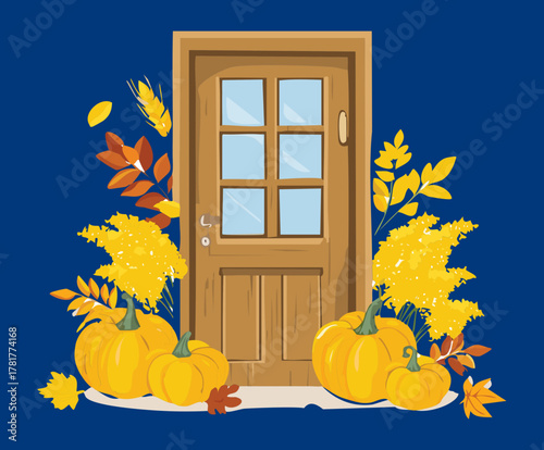 Brown wooden door with window panes flanked by vibrant maple leaf Plants and harvest pumpkins, creating a beautiful and classic autumn scene