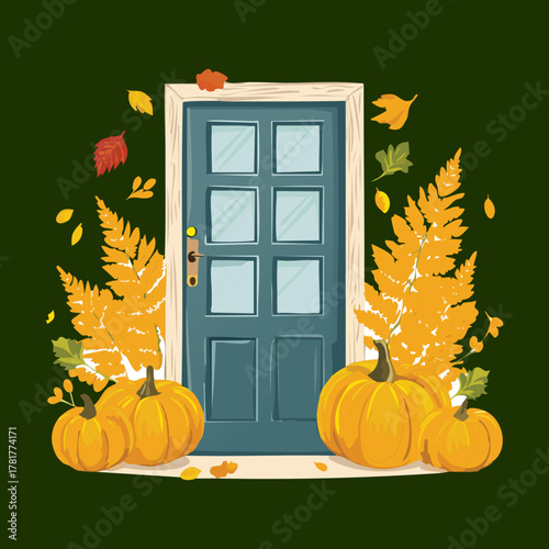 Teal door framed by autumn harvest decor, golden wheat Plants, and plump pumpkins, perfectly symbolizing the cozy fall season entrance