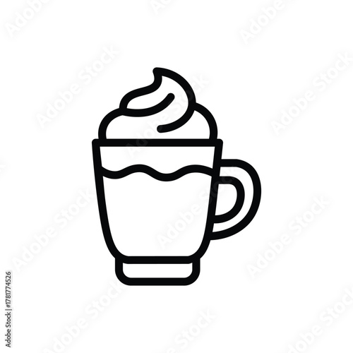 Iced coffee drink line icon, tall glass with straw and whipped cream topping, representing frappe, iced latte, or cold beverage, perfect for cafe and drink menu design