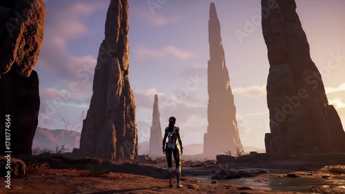 Sci-fi figure facing sandstone spires on alien world at dusk, background clouds. Use Game concept art