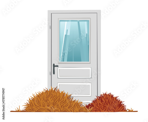 White door with a curtained glass pane, subtly decorated by scattered dried grasses Plants, offering a minimal and tranquil autumn home entrance