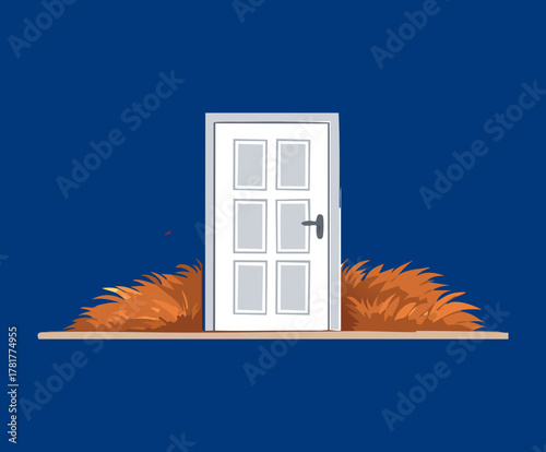 Simple white door with lower panels against a dark blue wall, accompanied by a small pile of dried grass Plants for a clean fall transition