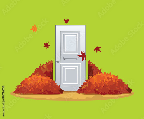 white doors stacked amidst large piles of mounding dried leaf Plants, symbolizing the abundant, playful, and whimsical autumn season