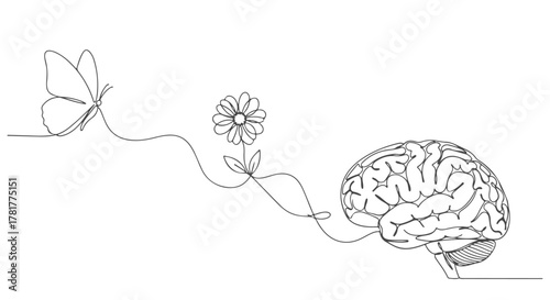 An elegant one continuous line drawing presenting a human brain linked to a delicate flower and a butterfly, portraying the single, intricate connection between mind, nature, and growth