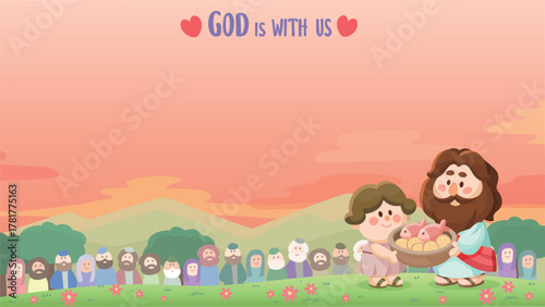Cartoon Jesus illustration, Jesus and the miracle of five loaves and two fishes, cute children's Bible story background