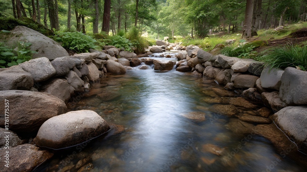 Fototapeta premium A serene stream flows through a rocky forest landscape with lush greenery