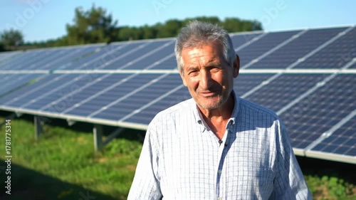 Smiling older man near solar panels on a sunny day, showcasing renewable energy