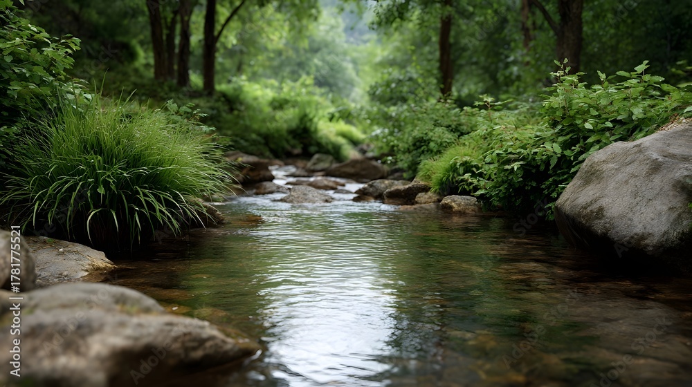 Fototapeta premium Serene forest stream with lush vegetation and gentle reflections flowing over rocks under d d sunlight