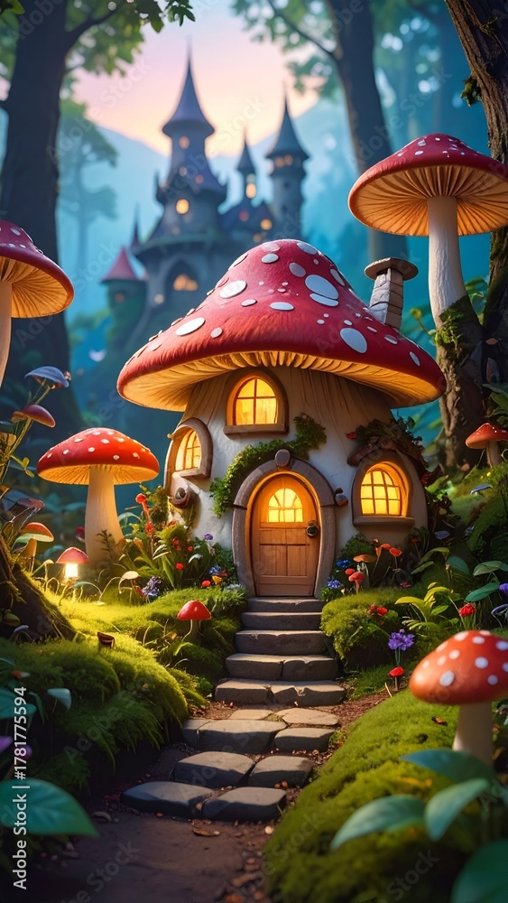 Naklejka premium Whimsical mushroom house nestled in a vibrant forest, with a distant castle and enchanting flora around
