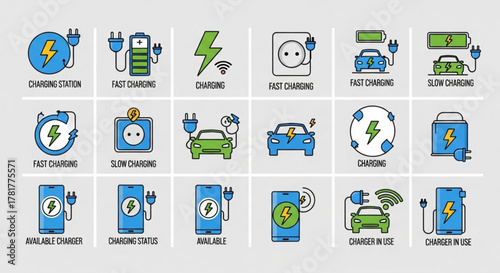 Electric vehicle charging station icons set of linear icons of electric car charging, charging station, battery, plug