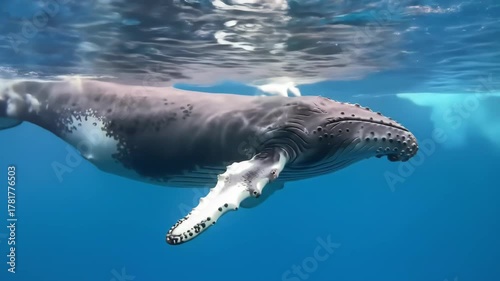 Underwater humpback whale swims, calm ocean background. Great for education or conservation themes