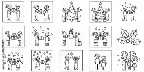 Christmas cartoon icon set in black and white line art showing children celebrating with gifts, decorations, Santa hats, and joy