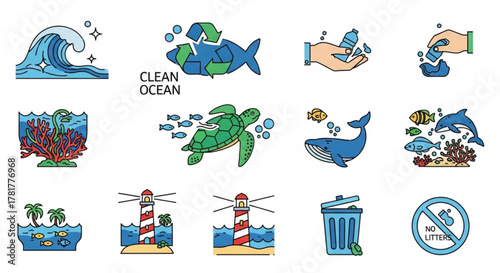 Clean ocean icons depict marine life, pollution reduction, and conservation efforts, promoting a healthy and sustainable aquatic ecosystem