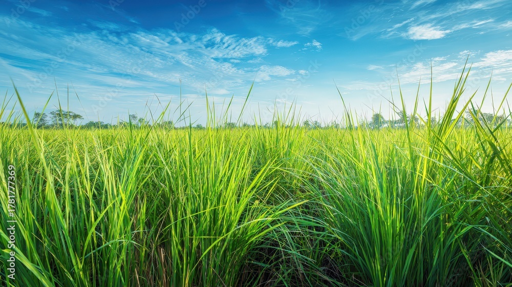 Fototapeta premium Vibrant green grasses flourish under a bright blue sky in an open field.