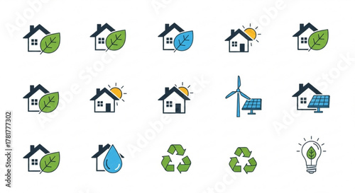 Set of green energy and eco house vector icons renewable energy, solar panel, wind turbine and sustainable living concept