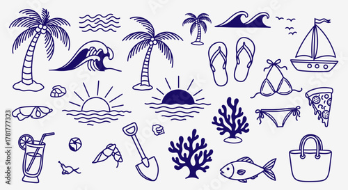 Collection of hand drawn blue ink summer vacation and beach icons on white background