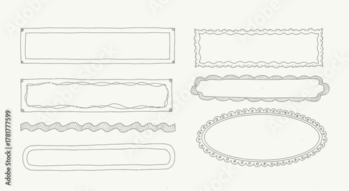 Collection of hand drawn decorative borders and frames in various shapes and styles on a light background