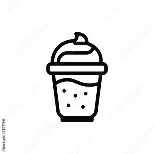 Iced coffee drink line icon, tall glass with straw and whipped cream topping, representing frappe, iced latte, or cold beverage, perfect for cafe and drink menu design