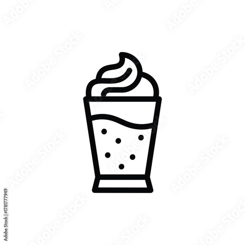 Iced coffee drink line icon, tall glass with straw and whipped cream topping, representing frappe, iced latte, or cold beverage, perfect for cafe and drink menu design