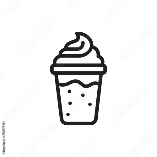 Iced coffee drink line icon, tall glass with straw and whipped cream topping, representing frappe, iced latte, or cold beverage, perfect for cafe and drink menu design
