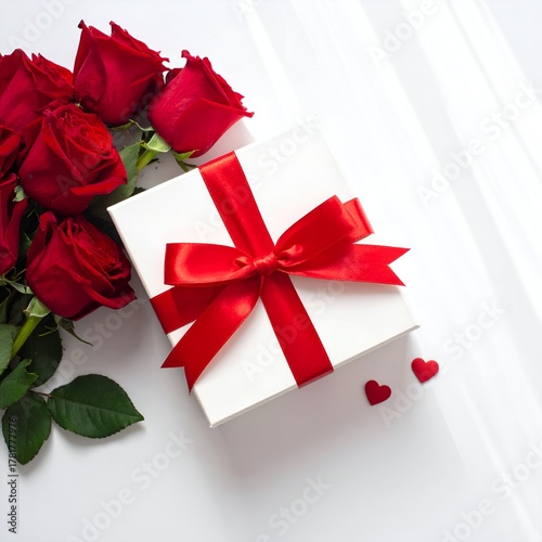 A beautifully wrapped gift box with a red ribbon beside a bouquet of red roses on a soft white background