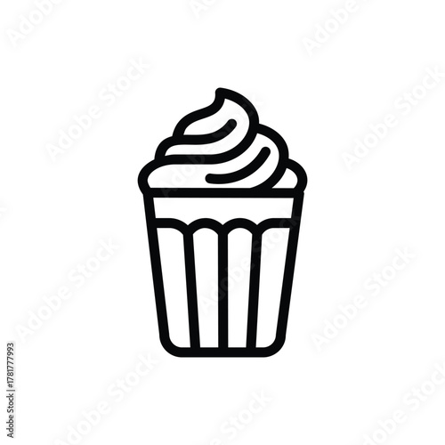 Iced coffee drink line icon, tall glass with straw and whipped cream topping, representing frappe, iced latte, or cold beverage, perfect for cafe and drink menu design