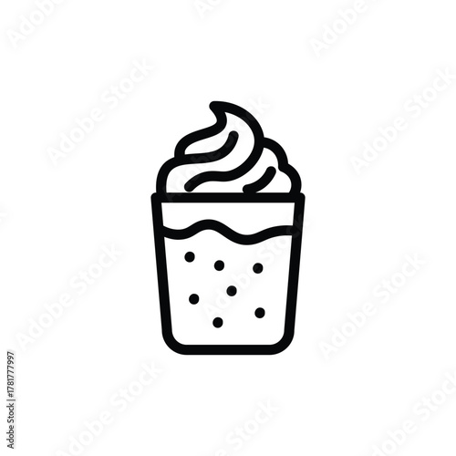 Iced coffee drink line icon, tall glass with straw and whipped cream topping, representing frappe, iced latte, or cold beverage, perfect for cafe and drink menu design