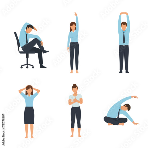 Collection of office workers, men and women, performing stretching exercises at the workplace for health and wellness.