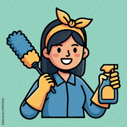 Happy cartoon woman with cleaning supplies, duster, and spray bottle, ready to clean
