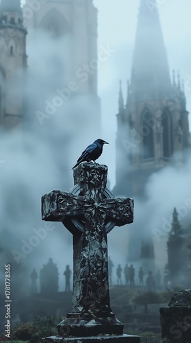 Black Crow Perched on Ancient Stone Cross in Misty Gothic Cemetery with Cathedral Towers and Atmospheric Fog Background