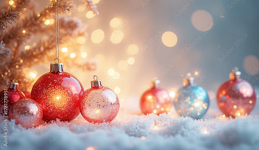 Fototapeta premium Luxury Christmas Banner with Red, White, and Blue Glass Ornaments Reflecting Golden Light on Smooth Gradient Background