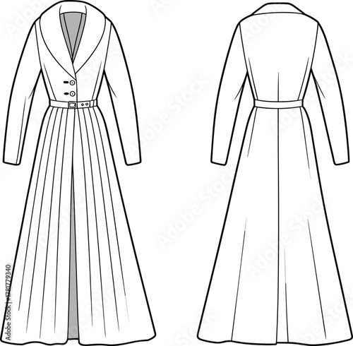 Elegant long trench coat technical flat sketch, pleated belted overcoat design, front and back view fashion clothing template illustration